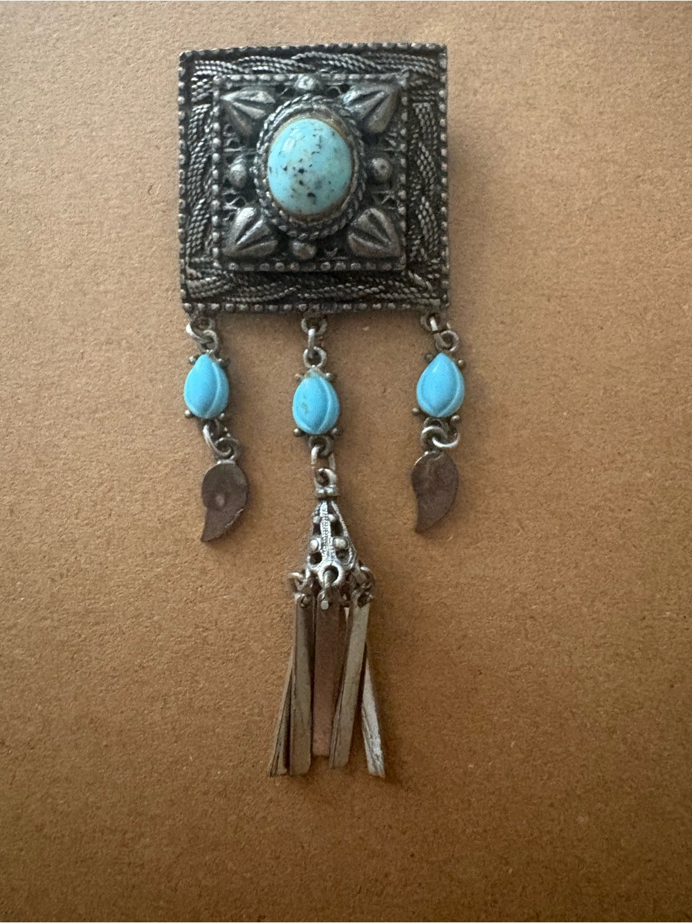 Turquoise Accent Silver-Tone Vintage Broach - Women Jewelry